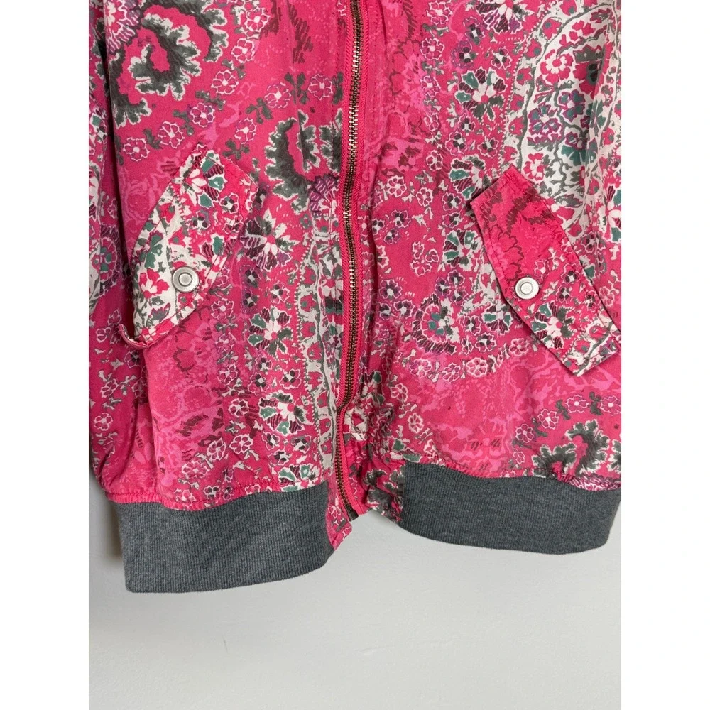 Free People Daytrip Bomber Jacket Sz L Pink Paisley Boho Floral Quilted Zip Up